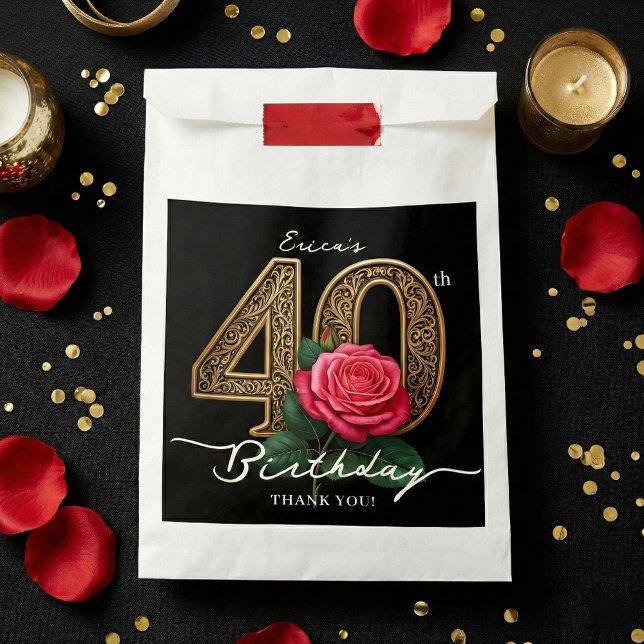 Bolsa De Papel Elegant Chic Black Gold 40th Birthday Red Rose (Subido por el creador)