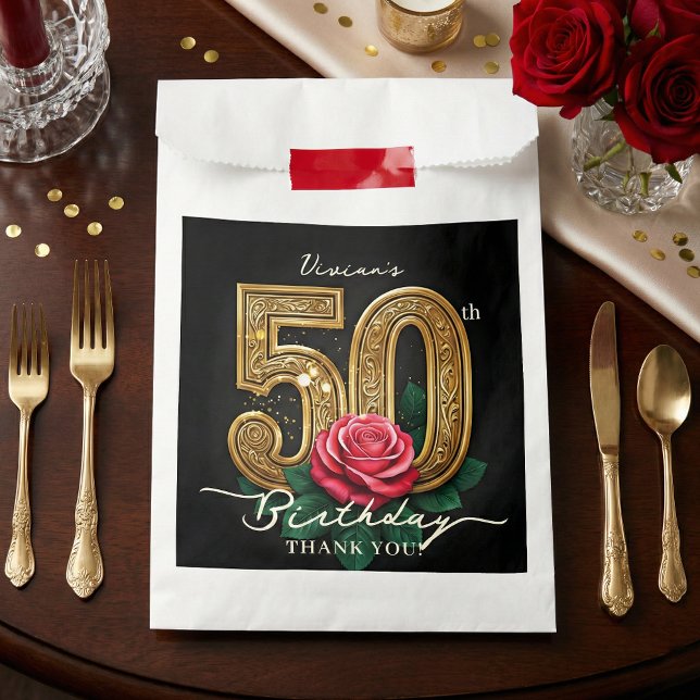 Bolsa De Papel Elegant Glam Black Gold Red Rose 50th Birthday (Subido por el creador)