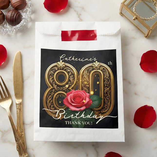 Bolsa De Papel Elegant Gold 80th Birthday Red Rose Floral Black (Subido por el creador)