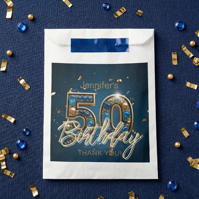 Bolsa De Papel Elegant Navy Blue Gold Sapphire Gems 50th Birthday (Subido por el creador)