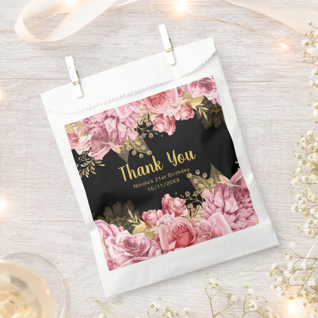 Bolsa De Papel Elegant Pink and Gold Flowers Birthday Party (Cortado)