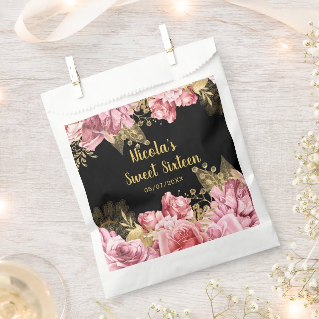 Bolsa De Papel Elegant Pink and Gold Flowers Sweet Sixteen  (Cortado)