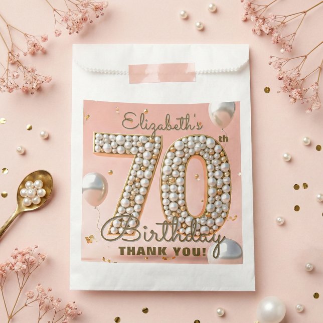 Bolsa De Papel Elegant Pink Gold Pearl 70th Birthday Thank You (Subido por el creador)
