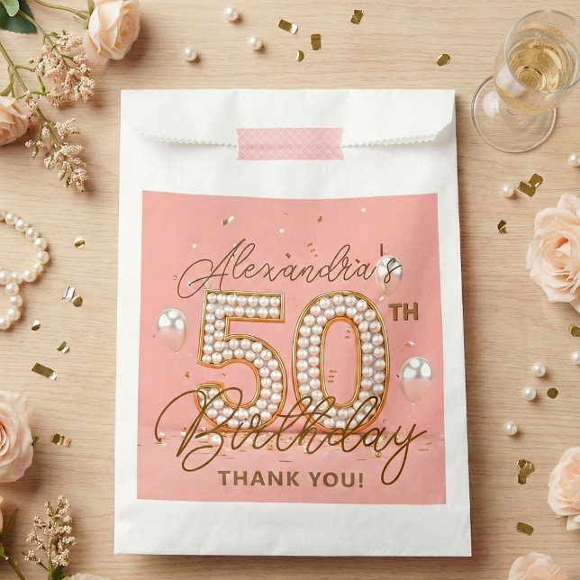Bolsa De Papel Elegant Pink Gold Pearls 50th Birthday Party (Subido por el creador)