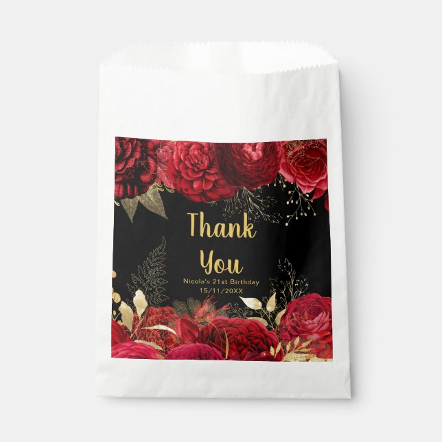 Bolsa De Papel Elegant Red and Gold Flowers Birthday Party (Anverso)