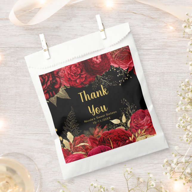 Bolsa De Papel Elegant Red and Gold Flowers Sweet Sixteen (Cortado)