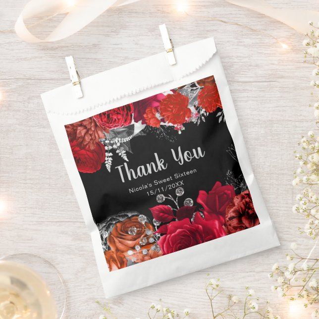 Bolsa De Papel Elegant Red and Silver Flowers Sweet Sixteen  (Cortado)