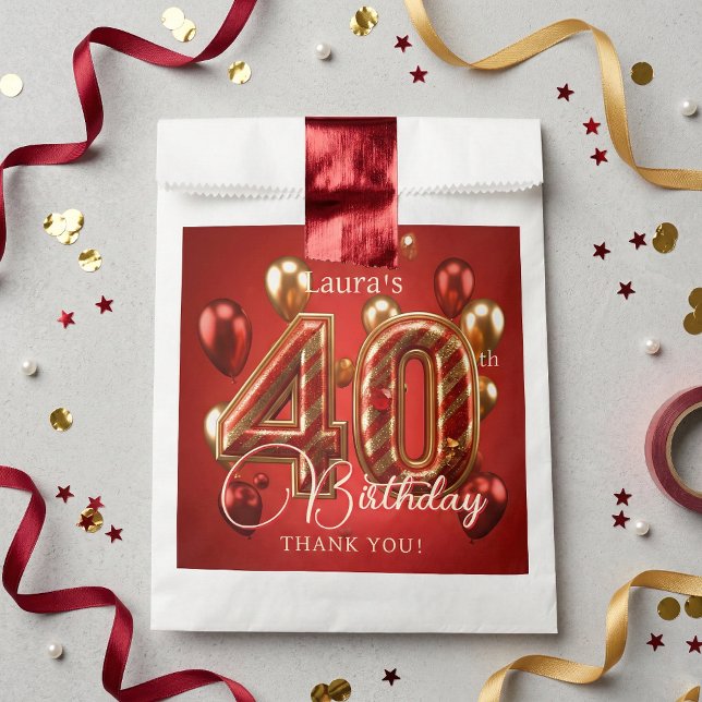 Bolsa De Papel Elegant Red Gold Balloons 40th Birthday Thank You (Subido por el creador)
