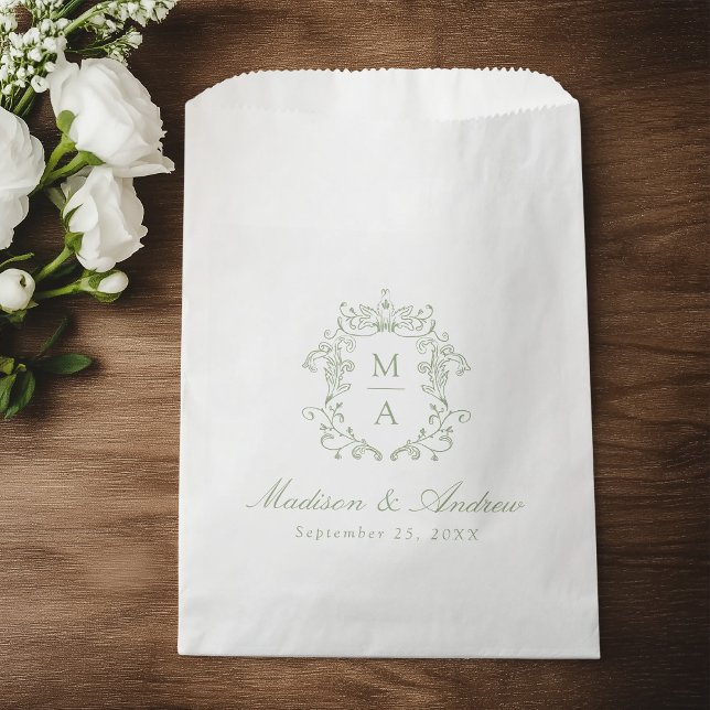Bolsa De Papel Elegant Sage Chinoiserie Crest Monogram Wedding (Subido por el creador)
