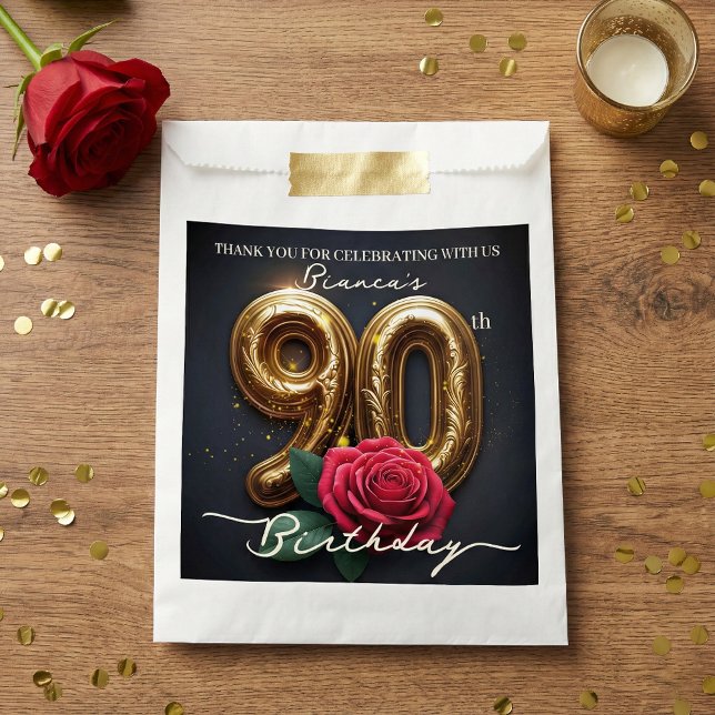 Bolsa De Papel Elegant Shiny Black Gold Red Rose 90th Birthday (Subido por el creador)