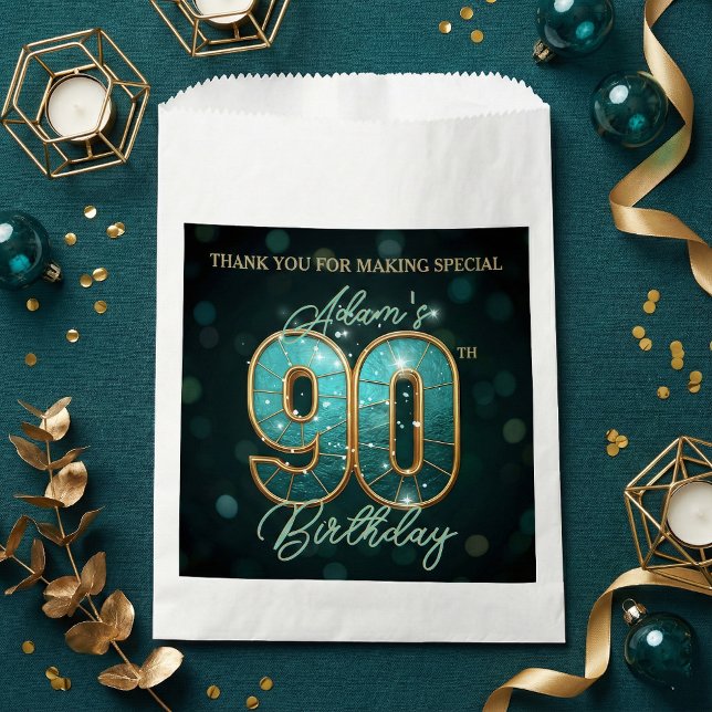 Bolsa De Papel Elegant Shiny Teal Gold 90th Birthday Party (Subido por el creador)