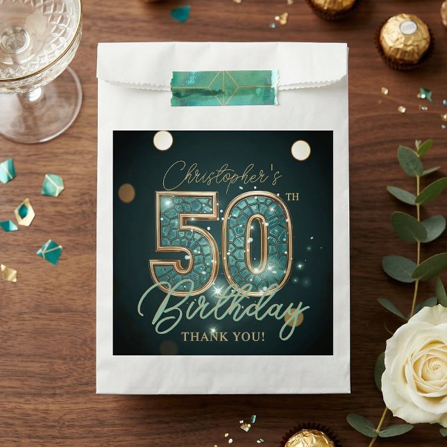 Bolsa De Papel Elegant Teal and Gold 50th Birthday Thank You (Subido por el creador)
