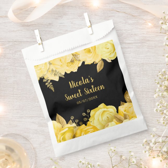 Bolsa De Papel Elegant Yellow and Gold Flowers Sweet Sixteen (Cortado)