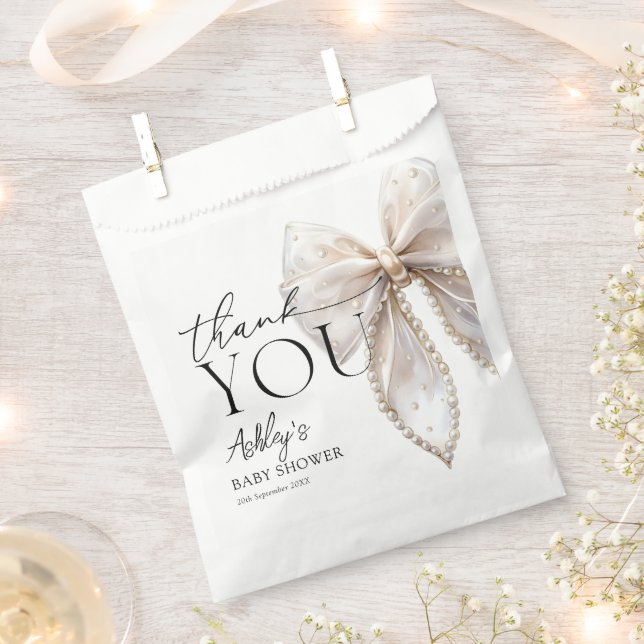 Bolsa De Papel Elegante Baby Shower Pearl Bow White Gracias (Cortado)