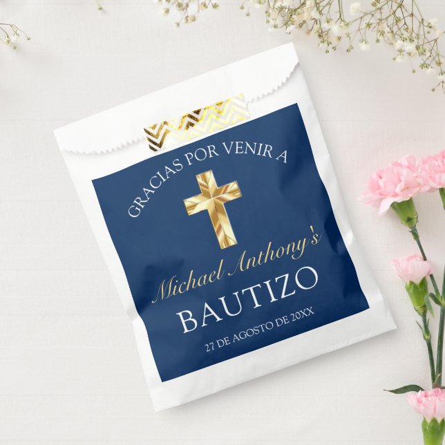 Bolsa De Papel Elegante Bautismo de Bebé Azul Marino Dorado (Sellado)