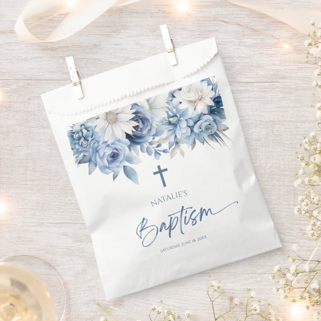 Bolsa De Papel Elegante Bautismo Floral Azul Dusty (Cortado)