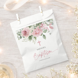 Bolsa De Papel Elegante bautismo floral rosa rosa