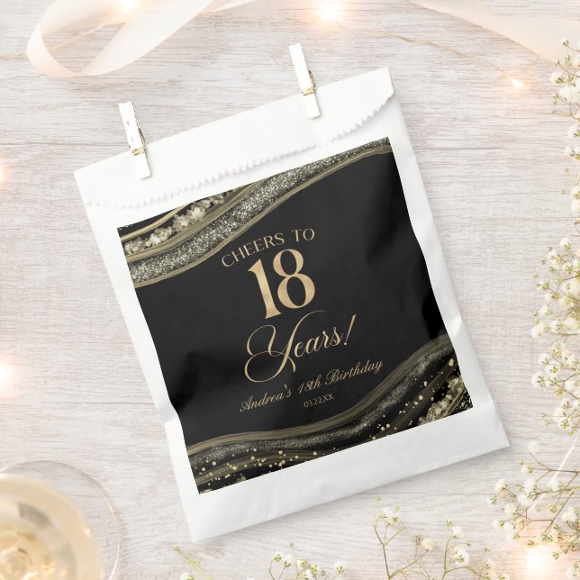 Bolsa De Papel Elegante Black Gold Agate 18th Birthday Party (Cortado)
