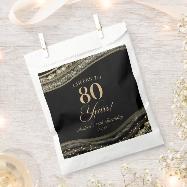 Bolsa De Papel Elegante Black Gold Agate 80th Birthday Party (Cortado)