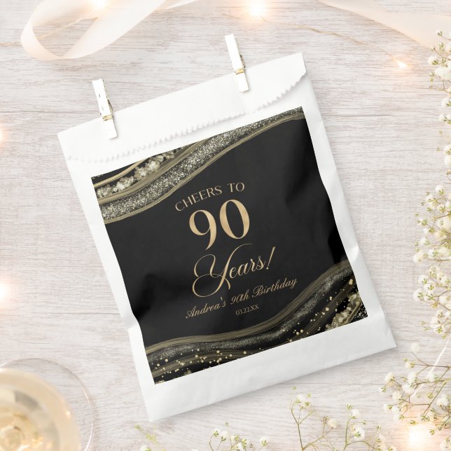Bolsa De Papel Elegante Black Gold Agate 90th Birthday Party (Cortado)