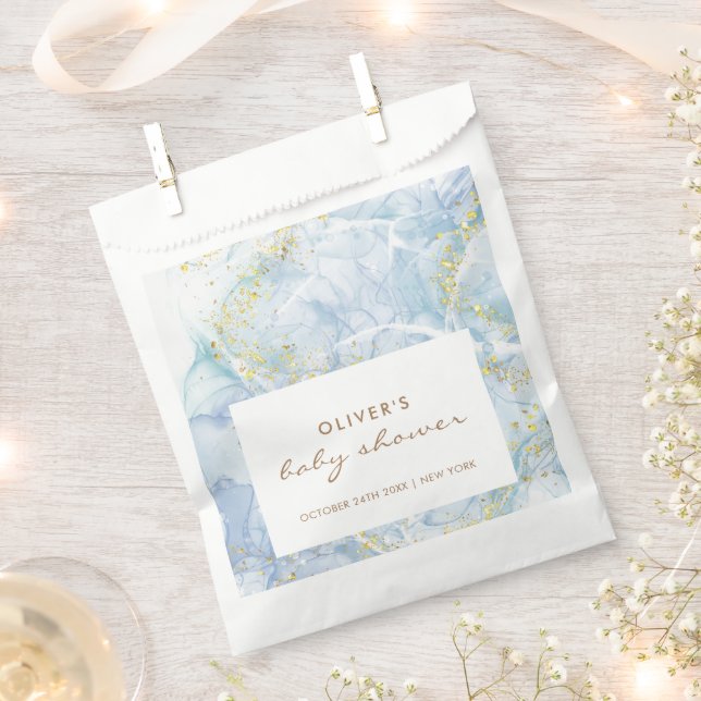 Bolsa De Papel Elegante Blue Gold Agate Boy Baby Shower (Cortado)