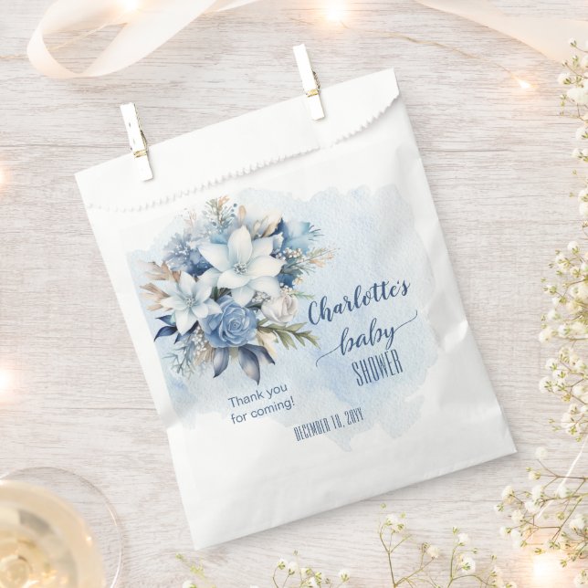 Bolsa De Papel Elegante Blue Winter Floral Boy Baby Shower (Cortado)