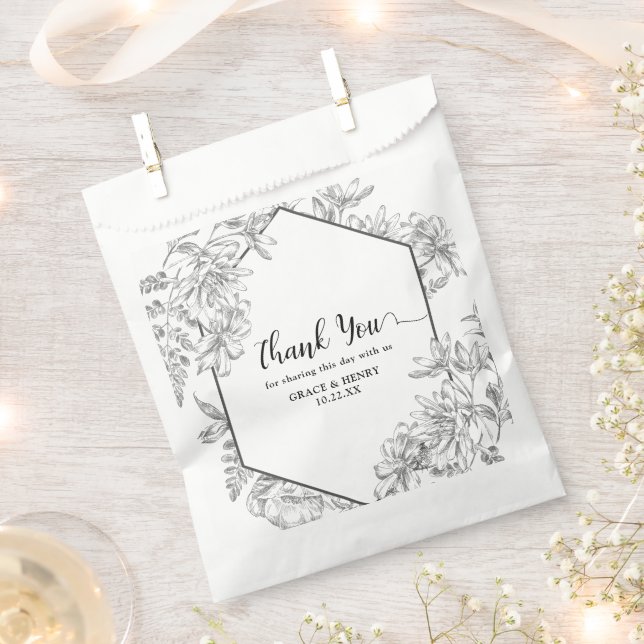 Bolsa De Papel Elegante Boda Botánico Blanco Negro (Cortado)