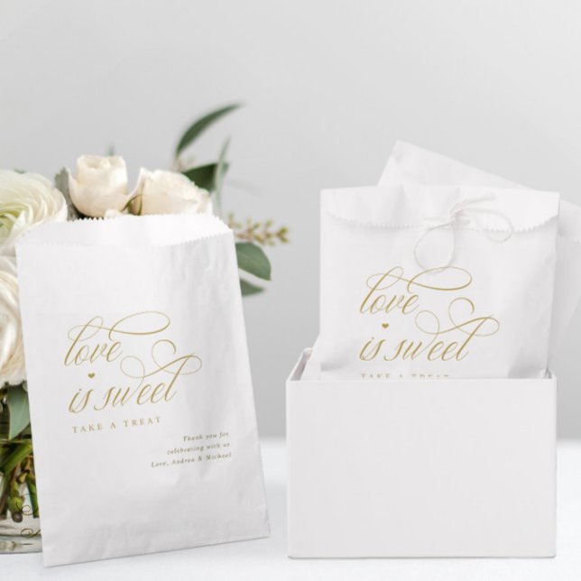 Bolsa De Papel Elegante Boda de lujo con caligrafía de oro (Elegant Gold Calligraphy Wedding Favor Bags - Love is Sweet - Candy Buffet Favor Bags)
