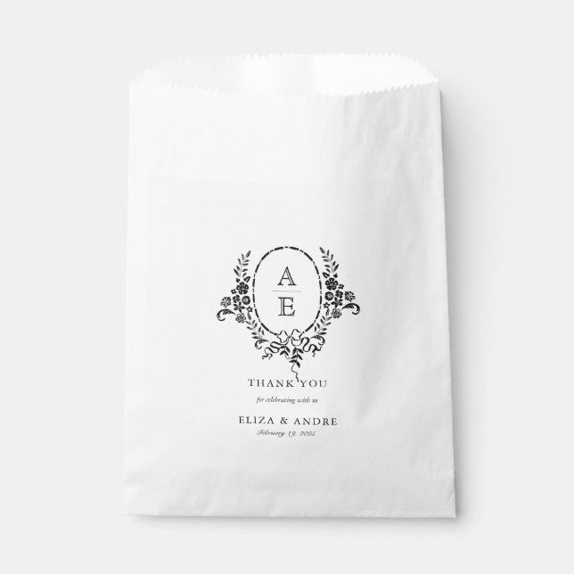 Bolsa De Papel Elegante Boda de Monograma Floral Blanco y Negro (Anverso)