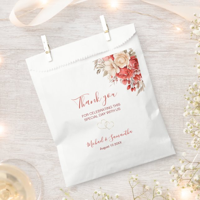 Bolsa De Papel Elegante Boda de Rosa rojo e marfil (Cortado)