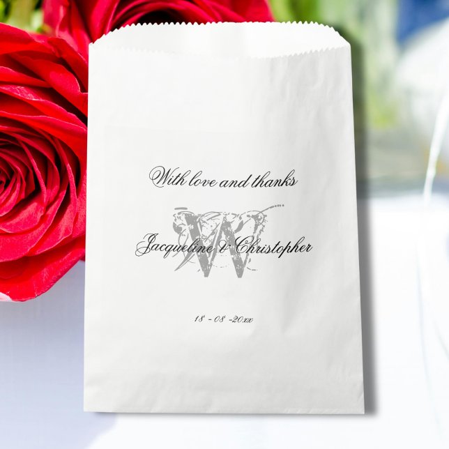 Bolsa De Papel Elegante Boda Monograma Moderno + Nombres Moda Can (Elegant Wedding - Black, White and Gray, Monogram plus Bride and Groom Names Favor Bag.)