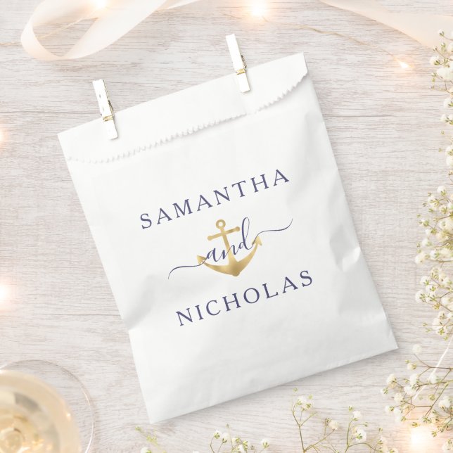 Bolsa De Papel Elegante Boda Nautical Gold Anchor (Cortado)