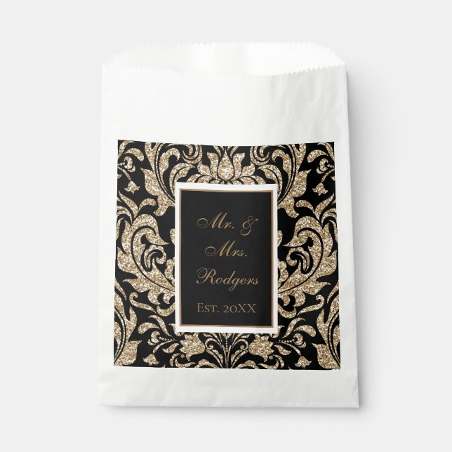 Bolsa De Papel Elegante Boda Purpurina negro y falso oro (Anverso)