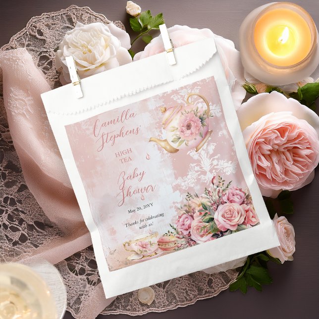 Bolsa De Papel Elegante Chica de té con flores rosadas alta Baby  (Elegant Pink Roses Floral High Tea Teapot and Teacup Girl Baby Shower Favor Bags)