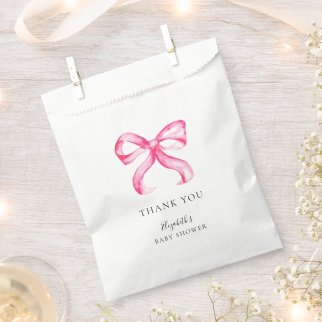 Bolsa De Papel Elegante Coquette Baby Shower Bow Rosa Minimal (Cortado)