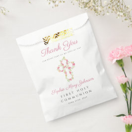 Bolsa De Papel Elegante Cruz Floral Rosa Primera Comunión