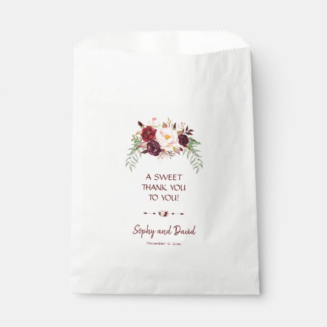 Bolsa De Papel Elegante floral Borgoña Rojo Marsala GRACIAS (Anverso)
