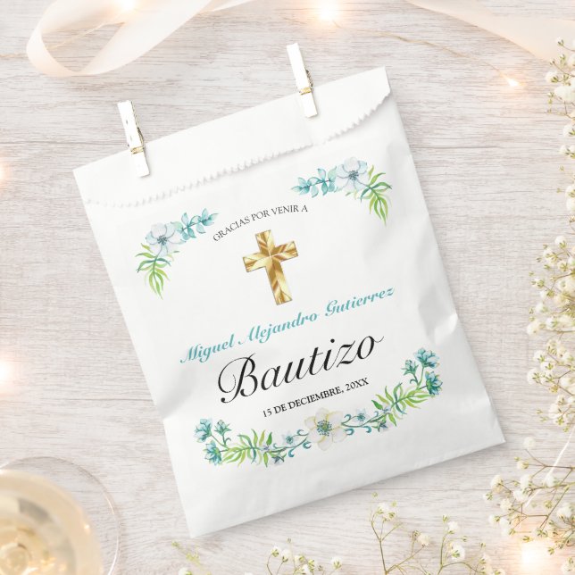 Bolsa De Papel Elegante Flores y Cruz Para Niño Bautizo (Cortado)