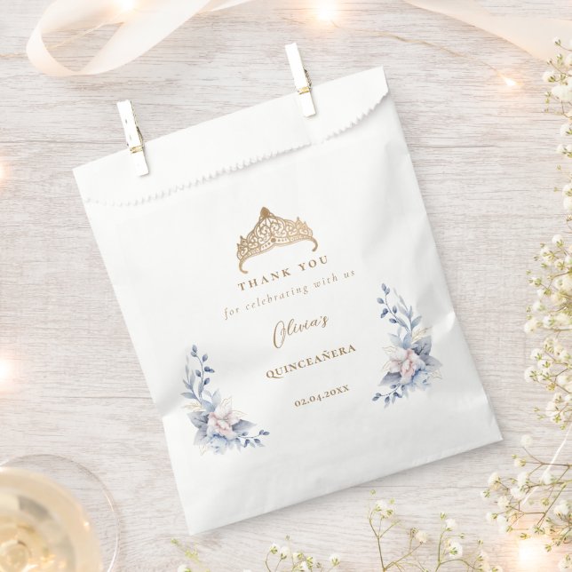 Bolsa De Papel Elegante Gold Tiara Blue Floral Quinceañera (Cortado)