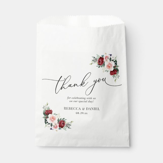 Bolsa De Papel Elegante guión Burgundy Rubor Floral Favor Bag (Anverso)