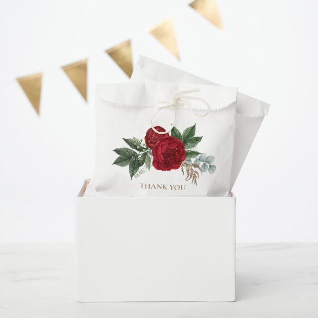 Bolsa De Papel Elegante Guión Dorado Floral Roja Gracias (Subido por el creador)