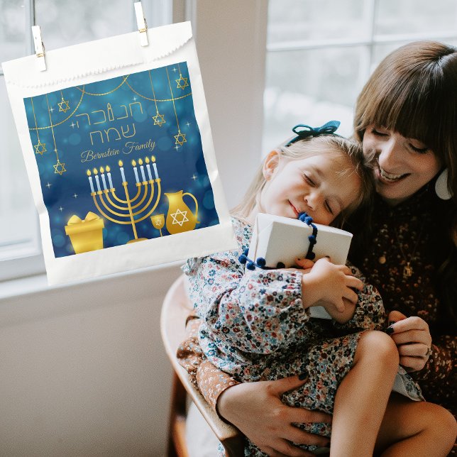 Bolsa De Papel Elegante Hebreo Azul y Oro Feliz Hanukkah (Subido por el creador)