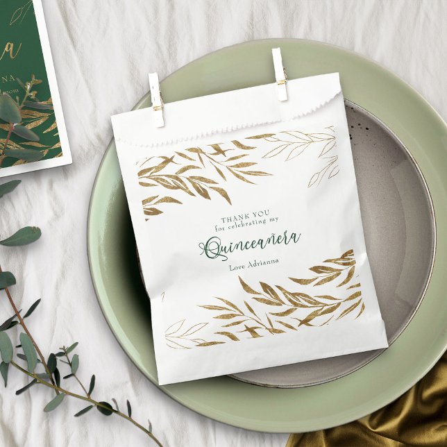 Bolsa De Papel Elegante Hoja de Oro Verde Esmeralda Quinceanera (Emerald Green Quinceanera favor bags from my Gold Leaf Quinceanera Collection)