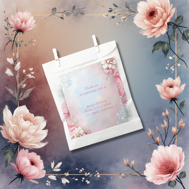 Bolsa De Papel Elegante Marco floral rosado boda suave paño brill (Subido por el creador)