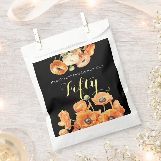Bolsa De Papel Elegante Naranja negro Floral 50 cumpleaños (Cortado)