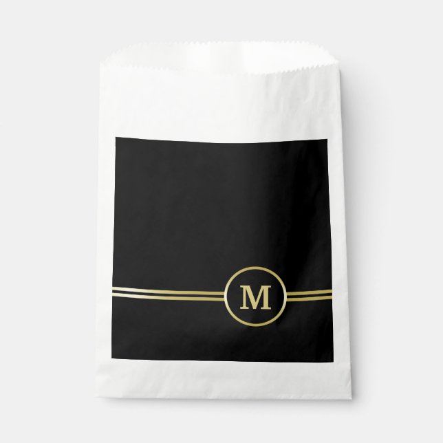 Bolsa De Papel Elegante oro Monograma personalizado sobre negro (Anverso)