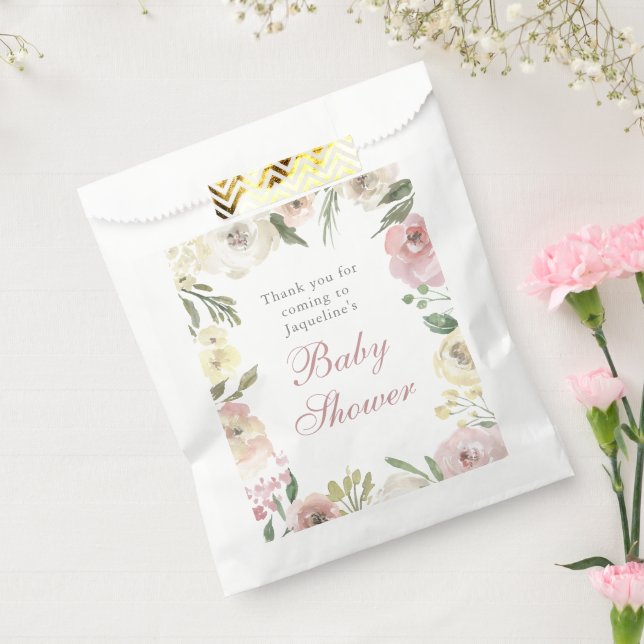 Bolsa De Papel Elegante Personalizado Baby Shower Rubor Rosa Flor (Sellado)