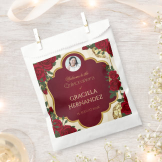 Bolsa De Papel Elegante Quinceañera de Rojo Burgundy y Rosa Dorad