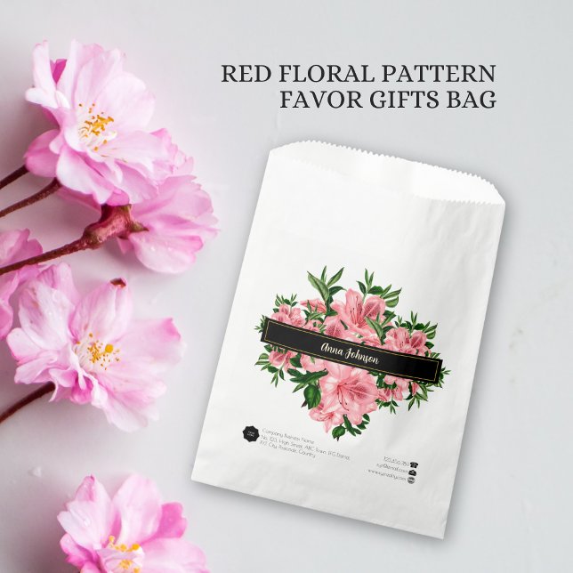 Bolsa De Papel Elegante Red Floral Pattern Custom Name Company (Subido por el creador)