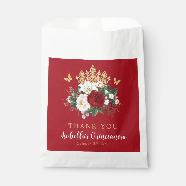 Bolsa De Papel Elegante Red Floral Quinceañera Gracias (Anverso)